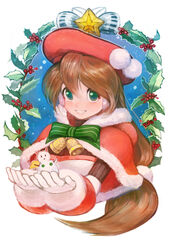  beret brown_hair christmas commentary_request female green_eyes hat highres iris_(mega_man) mega_man_(series) mega_man_x4 mega_man_x_(series) robot_ears smile snow solo t-tom 