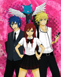  &gt;_&lt; 2boys blazer blonde_hair blue_eyes blue_hair bow bowtie brown_eyes closed_eyes erza_scarlet fairy_tail feline ginger_(niningasi) hands_on_own_hips happy_(fairy_tail) headphones jacket laxus_dreyar multiple_boys mystogan_(fairy_tail) necktie open_mouth photoshop_(medium) red_hair scar school_uniform skirt spoilers tattoo wings 