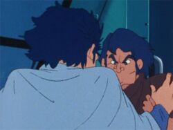  2boys angry animated animated blue_hair eating fatman_(xabungle) katakam_zushim lowres multiple_boys paper sentou_mecha_xabungle 