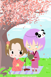  1boy black_eyes blue_eyes brown_hair couple female harvest_moon jamie_(harvest_moon) japanese_clothes kimono paper-sting purple_hair tagme tea tina_(harvest_moon) twintails 