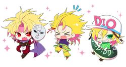  &gt;_&lt; 2boys :3 amazu_(tokyo) blonde_hair chibi closed_eyes commentary_request diego_brando dio_brando dual_persona green_eyes hat jojo_no_kimyou_na_bouken multiple_boys oerba_yun_fang one_eye_closed phantom_blood red_eyes scarf scary_monsters_(stand) slit_pupils stand_(jojo) stardust_crusaders steel_ball_run stone_mask_(jojo) tail 