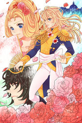  1boy 2girls aiguillette andre_grandier blonde_hair commentary_request drill_hair epaulettes flower hair_flower hair_ornament hand_fan highres marie_antoinette_(versailles_no_bara) matano_maya military military_uniform multiple_girls oscar_francois_de_jarjayes pants petals rapier red_flower red_rose rose rose_petals sword uniform versailles_no_bara weapon white_pants 