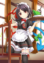  alternate_costume apron asymmetrical_wings black_dress black_hair black_thighhighs blue_wings bow bow_on_wing bowtie censored censored_food chair commentary_request cowboy_shot dress enmaided female green_bow highres houjuu_nue looking_at_viewer maid maid_headdress mosaic_censoring nobori_ranzu puffy_short_sleeves puffy_sleeves red_bow red_bowtie red_eyes red_wings short_dress short_sleeves smile solo standing standing_on_one_leg thighhighs touhou tray waist_apron white_apron window wings zettai_ryouiki 