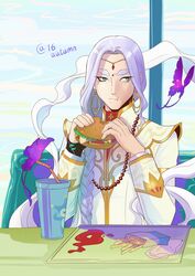  1boy autumn-sacura bead_necklace beads blue_badger braid bug burger butterfly circlet cup drinking_straw earrings english_commentary food french_fries green_eyes grey_hair gyakuten_saiban hoop_earrings jewelry ketchup long_hair male_focus nahyuta_sahdmadhi napkin necklace phoenix_wright:_ace_attorney_-_spirit_of_justice single_braid solo tray upper_body 