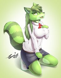  absurd_res anthro biped bottomwear breasts clothed clothing female fur gradient_background green_body green_eyes green_fur green_hair green_theme hair hi_res kneeling long_hair mammal open_mouth procyonid raccoon simple_background skirt solo tailzkim tensai 