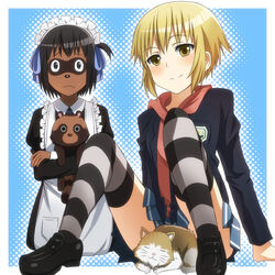  2girls arashiyama_hotori blonde_hair brown_eyes censored commentary_request convenient_censoring josephine_(soredemo_machi_wa_mawatteiru) kon_futaba laco_soregashi multiple_girls photoshop_(medium) sitting soredemo_machi_wa_mawatteiru striped_clothes striped_thighhighs thighhighs 