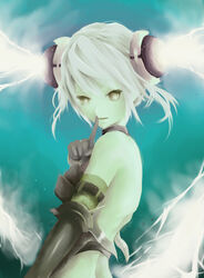  bare_back bare_shoulders commentary_request elbow_gloves epic_hair female finger_to_mouth floating_hair from_side gloves light_smile lightning lightning_hair long_hair looking_at_viewer mus-tan original pale_color pale_skin solo twintails upper_body very_long_hair white_hair yellow_eyes 