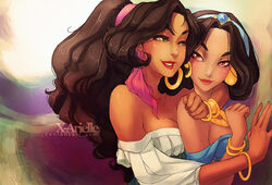  2girls aladdin_(disney) arm_around_neck artist_name bare_shoulders big_hair black_hair bracelet commentary company_connection crossover dark-skinned_female dark_skin disney earrings ehryel english_commentary esmeralda_(disney) green_eyes hairband jasmine_(disney) jewelry jitome lips lipstick long_hair makeup multiple_girls necklace photoshop_(medium) red_eyes red_lips smile the_hunchback_of_notre_dame watermark web_address yuri 