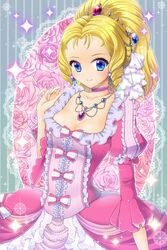  aristocratic_clothes bad_id bad_pixiv_id big_hair blonde_hair blue_eyes choker commentary_request doily dress drill_hair earrings female flower frills gem gown hair_ornament hair_up hayabusa_koi jewelry long_hair marie_antoinette_(versailles_no_bara) necklace pearl_(gemstone) pink_dress pink_flower pink_rose ribbon rose solo sparkle versailles_no_bara 