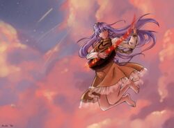  aoshi-shi artist_name bare_legs barefoot biwa_lute brown_dress cloud cloudy_sky commentary_request dress female flower hair_flower hair_ornament instrument long_hair long_sleeves looking_at_viewer lute_(instrument) purple_eyes purple_hair sky solo touhou tsukumo_benben 