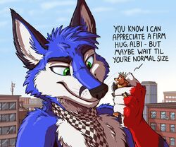  2016 anthro antlers big_dom_small_sub black_body black_fur blue_body blue_fur brown_body brown_fur canid canine city deer detailed_background dominant dominant_male duo english_text fox foxalbiazul fur green_eyes holding_character horn larger_anthro larger_male lifting macro macro_anthro male male/male mammal micro micro_in_hand outside pinned_arms red_body red_fur restrained scarf size_difference smaller_anthro smaller_male smile text tirrel tirrel_(tirrel) torso_grab white_body white_fur 