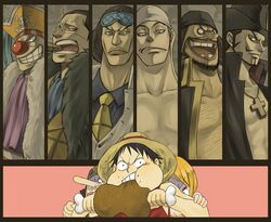  2boys 6+boys 6boys bandana beard black_hair bone_meat buggy_the_clown cigar crying dracule_mihawk eating enel facial_hair female food hat hiding jewelry kuzan_(akoiji) kuzan_(aokiji) lowres male marine marshall_d_teach meat missing_teeth monkey_d_luffy moustache multiple_boys nami nami_(one_piece) necklace necktie one_piece pirate red_vest scar shichibukai sir_crocodile sleep_mask straw_hat tricorn tricorne usopp vest yellow_eyes 