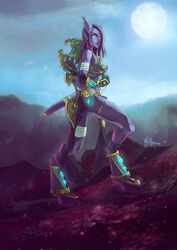  blue_eyes colored_skin commentary_request commission draenei female highres horns hunter_(warcraft) neryumo photoshop_(medium) player_character_(wow) pointy_ears purple_skin solo tail warcraft world_of_warcraft 