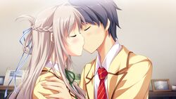  1boy blue_eyes blush closed_eyes female game_cg gray_hair grey_hair hatsukoi_1/1 hatsukoi_1_1 iizuki_tasuku kissing long_hair makabe_midori purple_eyes school_uniform serafuku 