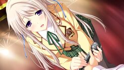  female game_cg gray_hair grey_hair hatsukoi_1/1 hatsukoi_1_1 iizuki_tasuku long_hair makabe_midori microphone open_mouth purple_eyes school_uniform solo_focus 