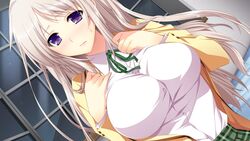  breasts female game_cg gray_hair grey_hair hatsukoi_1/1 hatsukoi_1_1 iizuki_tasuku long_hair makabe_midori purple_eyes school_uniform solo window 