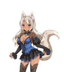  animal_ears bangs black_legwear blush bow breasts brooch center_opening cleavage cleavage_cutout contrapposto cowboy_shot cross-laced_clothes dark_skin detached_sleeves dress female fox_ears fox_tail frills game_cg hair_ornament hairclip jewelry kitsune lace lace-trimmed_thighhighs layered_dress light_smile long_hair looking_at_viewer no_bra parted_bangs puffy_detached_sleeves puffy_sleeves purple_eyes sakura_spirit sakurano_machiko see-through short_dress silver_hair skirt_hold sleeves_past_wrists smile solo standing tail thighhighs turtleneck wanaca wavy_hair wide_sleeves winged_cloud x_hair_ornament zettai_ryouiki 