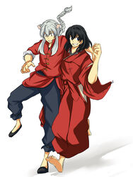  2boys aka_(ookoz239) alternate_hairstyle animal_ears bad_id bad_pixiv_id black_hair braid chinese_clothes cosplay costume_switch creator_connection dog_ears inuyasha inuyasha_(character) inuyasha_(character)_(cosplay) japanese_clothes multiple_boys ranma_1/2 saotome_ranma saotome_ranma_(cosplay) simple_background single_braid voice_actor_connection white_hair yamaguchi_kappei 