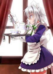  apron blood blue_dress blue_eyes bow braid closed_mouth commentary_request cowboy_shot cup dress female frilled_apron frills from_side gloves green_bow greenkohgen grey_hair hairbow izayoi_sakuya knife maid maid_apron maid_headdress profile solo teacup teapot touhou tourniquet twin_braids white_gloves white_hair 