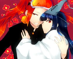  2girls aimai_(luckyfive) ayame_(binbougami_ga!) bad_id bad_pixiv_id binbougami_ga! black_hair holding multiple_girls orange_hair profile suzuhikohime triangular_headpiece twintails 