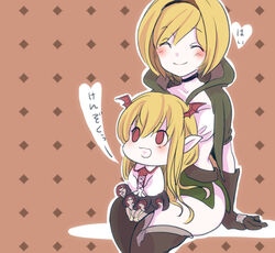  2girls :d ^_^ arms_behind_back bad_id bad_pixiv_id bat_wings black_gloves black_skirt black_thighhighs blonde_hair brown_background chibi choker closed_eyes closed_mouth collared_shirt djeeta_(granblue_fantasy) eyebrows flower frilled_skirt frills gloves granblue_fantasy green_skirt hair_between_eyes head_wings heart heart_in_mouth hood hood_down long_hair long_sleeves microskirt multiple_girls myouji_namawe open_mouth outline pointy_ears red_eyes red_flower red_rose rose shingeki_no_bahamut shirt short_hair short_sleeves sitting sitting_on_lap sitting_on_person skirt smile thief_(granblue_fantasy) thighhighs vampire vampy white_shirt wings 