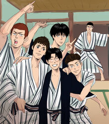  6+boys akagi_takenori bad_id bad_pixiv_id glasses grin hand_on_another&#039;s_shoulder indoors japanese_clothes kogure_kiminobu looking_at_viewer ma2 male_focus mitsui_hisashi miyagi_ryouta multiple_boys rukawa_kaede sakuragi_hanamichi slam_dunk_(series) smile undercut 