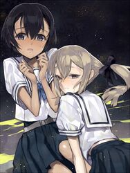  2girls :o bad_id bad_pixiv_id black_eyes black_hair blonde_hair blush daitoku_junna hair_ribbon koujiro_frau long_hair looking_at_viewer multiple_girls ribbon robotics;notes school_uniform short_hair shrimpman skirt sweat twintails yellow_eyes 