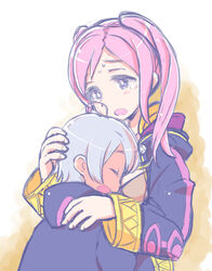  1boy blue_hair blush closed_eyes commentary_request fire_emblem fire_emblem_awakening jacket long_hair morgan_(fire_emblem) morgan_(male)_(fire_emblem) mother_and_son open_mouth robin_(female)_(fire_emblem) robin_(fire_emblem) sasakimuu short_hair smile tears 