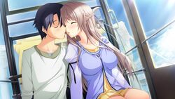  1boy blush female game_cg gray_hair grey_hair hatsukoi_1/1 hatsukoi_1_1 iizuki_tasuku long_hair makabe_midori open_mouth purple_eyes window 