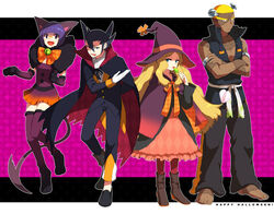  2boys 2girls animal_ears bow caitlin_(pokemon) candy cat_ears commentary_request dark_skin food grimsley_(pokemon) halloween hat itsuki_(nightlight) lollipop marshal_(pokemon) multiple_boys multiple_girls pantyhose pokemon pokemon_bw shauntal_(pokemon) stitches thighhighs vampire witch witch_hat 