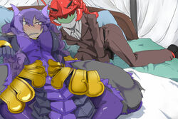  2girls antennae armor armored_dress bad_id bad_pixiv_id breasts butler demon_girl ebifran_(matsuda_yuusuke) faulds female_butler hair_over_one_eye helmet henoeno horns large_breasts lobster long_hair multiple_girls nise_maou_kanizeru on_bed purple_hair reverse_trap robot sharp_teeth teeth tuxedo_shirt yuusha_to_maou 