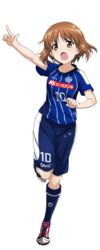  arm_up artist_request ball blue_shirt blue_shorts blue_socks brown_eyes brown_hair collarbone female full_body girls_und_panzer index_finger_raised j._league kneehighs mito_hollyhock nishizumi_miho open_mouth running shirt short_hair short_sleeves shorts simple_background soccer soccer_ball soccer_uniform socks solo sportswear translation_request transparent_background v-shaped_eyebrows 