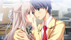  1boy blue_eyes blush desk female game_cg gray_hair grey_hair hatsukoi_1/1 hatsukoi_1_1 iizuki_tasuku long_hair makabe_midori open_mouth purple_eyes school_uniform serafuku 