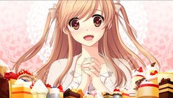  brown_eyes brown_hair cake female food game_cg hatsukoi_1/1 hatsukoi_1_1 iizuki_tasuku long_hair makabe_midori open_mouth 