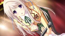  female game_cg gray_hair grey_hair hatsukoi_1/1 hatsukoi_1_1 iizuki_tasuku long_hair makabe_midori microphone open_mouth purple_eyes school_uniform solo_focus sweat 