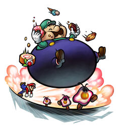  2boys absurdres bowser&#039;s_inside_story brothers cake cookie doughnut eating facial_hair fat fat_man food fruit goombule highres ice_cream luigi male male_focus mario mario_&amp;_luigi mario_&amp;_luigi:_bowser&#039;s_inside_story mario_(series) moustache multiple_boys nintendo obese official_art pastry siblings strawberry super_mario_bros. throwing 