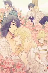  1boy aged_down andre_grandier aya_(pixiv15010469) black_hair blonde_hair closed_eyes commentary_request couple female flower formal hand_on_another&#039;s_arm hand_on_another&#039;s_neck oscar_francois_de_jarjayes outdoors pink_flower pink_rose rose short_hair sleeping straight tree under_tree versailles_no_bara 