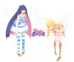  2girls angel_wings bad_id bad_pixiv_id blonde_hair blue_eyes blue_hair bridal_gauntlets corset dress leggings long_hair multiple_girls one_eye_closed panties panty_&amp;_stocking_with_garterbelt panty_(psg) shoes siblings sisters skirt stocking_(psg) striped striped_leggings thighhighs underwear undressing white_dress white_skirt winged_footwear wings xino 