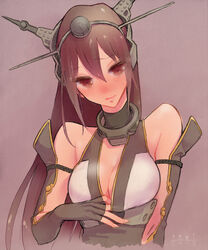  arm_between_breasts bad_id bad_pixiv_id bare_shoulders between_breasts breasts brown_eyes brown_hair cleavage dated dress dress_tug elbow_gloves female fingerless_gloves gloves headgear highres kantai_collection long_hair looking_at_viewer looking_down medium_breasts nagato_(kancolle) no_nose noromi purple_background simple_background solo upper_body 