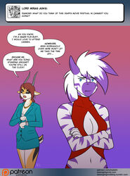  antelope anthro ask_blog blue_eyes bovid breasts clothing conditional_dnp dialogue dialogue_box diamond_(kadath) digital_media_(artwork) duo english_text equid equine eyewear female fur gazelle glasses glitter_(kadath) hair horn humor kadath mammal mature_anthro mature_female patreon patreon_logo purple_stripes simple_background speech_bubble stripes text tumblr url user_avatar website_logo zebra 