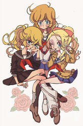  3girls bad_id bad_pixiv_id black_legwear black_skirt blonde_hair blue_skirt brown_footwear contemporary floral_background flower full_body highres kneehighs leg_warmers long_hair marie_antoinette_(versailles_no_bara) meremero miniskirt multiple_girls one_eye_closed oscar_francois_de_jarjayes ponytail rosalie_lamorliere rose school_uniform serafuku shoes sitting skirt socks v v_arms versailles_no_bara white_legwear 