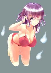  ;) absurdres bad_id bad_pixiv_id bra breasts cleavage covered_nipples female hanging_breasts highres large_breasts lingerie looking_at_viewer marubororaito no_headwear one_eye_closed panties pink_bra purple_eyes purple_hair saigyouji_yuyuko short_hair smile solo spirit touhou underwear underwear_only 