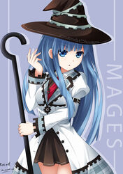  blue_eyes blue_hair commentary_request female hair_ornament hat keenh long_hair looking_at_viewer mages. mole mole_under_eye neptune_(series) open_mouth photoshop_(medium) solo staff 