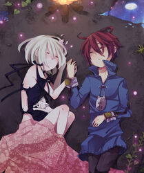  1boy campfire closed_eyes commentary_request feline female flower fragile:_sayonara_tsuki_no_haikyo hair_flower hair_ornament holding_hands image_sample md5_mismatch moon night pixiv_sample red_hair ren_(fragile) resolution_mismatch seto_(fragile) short_hair sideless_outfit sleeping source_larger tengutan water white_hair 