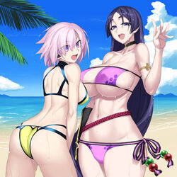  2girls :d ass back bare_shoulders beach bikini black_gloves blue_eyes blue_sky bnc_(bunshi) breasts choker cleavage cloud collarbone commentary_request covered_nipples day earpiece eyepatch_bikini fate/grand_order fate_(series) gloves highres large_breasts long_hair looking_at_viewer mash_kyrielight mash_kyrielight_(dive_to_blue) minamoto_no_raikou_(fate) minamoto_no_raikou_(swimsuit_lancer)_(fate) mountain multiple_girls navel ocean official_alternate_costume open_mouth outdoors palm_tree purple_bikini purple_eyes purple_hair short_hair side-tie_bikini_bottom sideboob single_glove sky smile swimsuit teeth tree very_long_hair waving_arm wet wet_hair yellow_bikini 