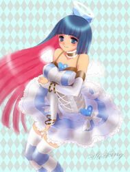  angel angel_wings bad_id bad_pixiv_id bare_shoulders blue_eyes bow bracelet breast_press breasts bridal_gauntlets choker colored_inner_hair female frills hairbow halo jewelry large_breasts long_hair mitsuha_koharu multicolored_hair panty_&amp;_stocking_with_garterbelt skirt smile solo stocking_(psg) striped_clothes striped_thighhighs thighhighs two-tone_hair wings zettai_ryouiki 