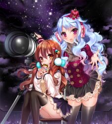  2girls :d arched_crown bad_id bad_pixiv_id black_legwear blue_hair blush brown_eyes brown_hair can cosmos_(the_crying_moon) crown frilled_crown hair_ornament hairband highres holding long_hair multiple_girls night night_sky open_mouth original outstretched_arm pink_eyes red_crown scarf sitting skirt sky smile star_(sky) starry_sky telescope thighhighs twintails 