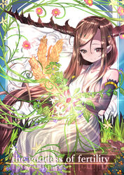  absurdly_long_hair absurdres animal antlers armlet bare_shoulders berry bird black_gloves breasts brown_eyes brown_hair closed_mouth collarbone commentary_request dress elbow_gloves english_text female flower gloves halter_dress halterneck highres horns izayoi_cha large_breasts leaf light long_hair original pink_flower plant pointy_ears sitting smile solo tree_stump tsurime very_long_hair vines wheat white_dress 