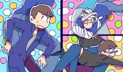  3boys arm_sling bandage_on_face bandaged_head bandages brown_hair commentary_request covering_ass covering_privates cutie_honey denim jacket jeans jumpsuit male_focus matsuno_karamatsu multiple_boys multiple_persona osomatsu-kun osomatsu-san osomatsu_(series) pants parody re:_cutie_honey yotsuba_(mayuge83) 