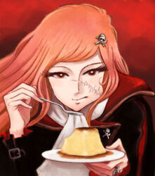  1970s_(style) ascot bad_id bad_pixiv_id commentary_request eating emeraldas female food hair_ornament hairclip harlock_saga jewelry jolly_roger lafolie orange_eyes orange_hair pudding queen_emeraldas retro_artstyle ring scar science_fiction skull_and_crossbones solo spoon 